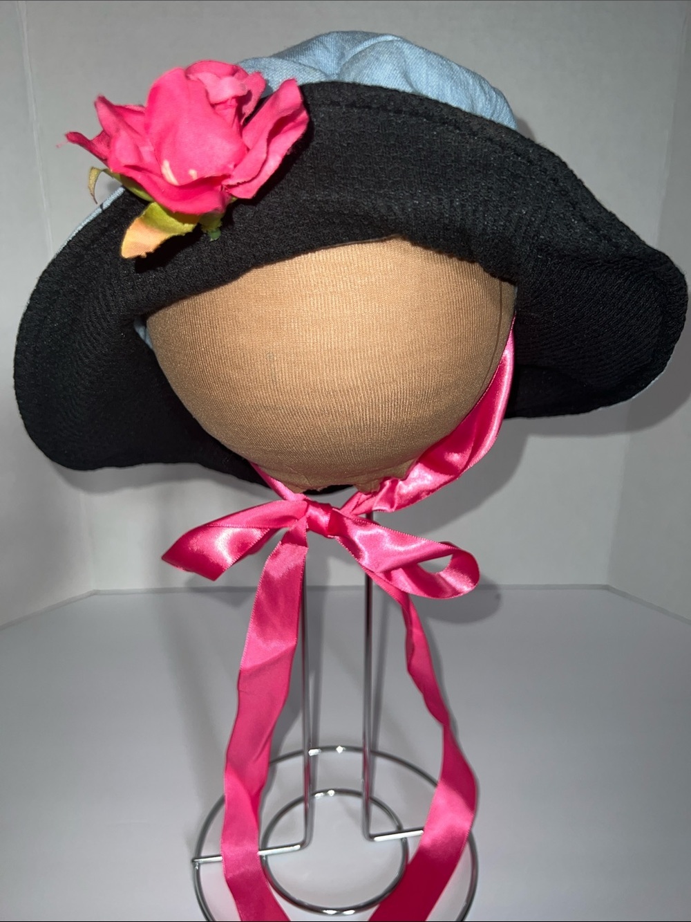 Two-Tone Wide Brim Denim Hat with Pink Flower and Satin Ties​